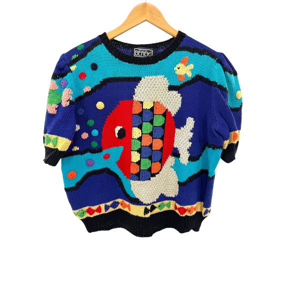Berek Hand Knit Fish Sweater 80s 90s Colorful Novelty Pima Cotton Puff Sleeve L,All Products : American Fashion Style Bags On Sale